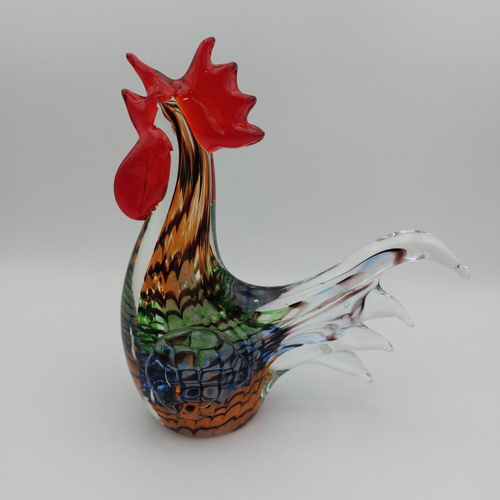 Art Glass Rooster Figurine 9.5" Hand Blown Chicken Statue Colorful Farmhouse